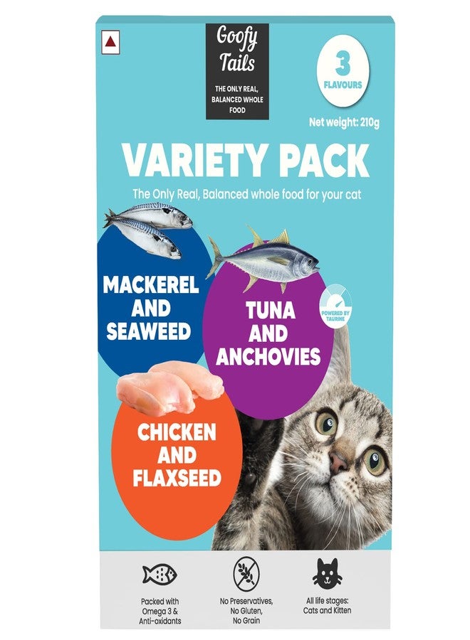 Goofy Tails Wet Cat Food and Kitten Food Variety Pack 210g (70g X 3 Pouches), Tuna and Anchovies, Mackerel and Seaweed, Chicken and Flaxseeds, Preservative Free, Wholesome, Natural Cat Wet Food - Image 1